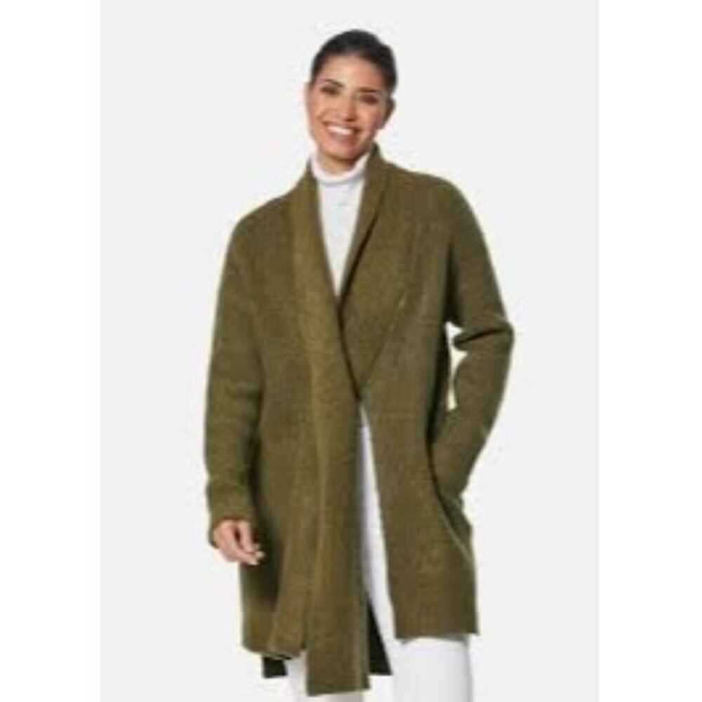 Madeleine Cardigan Sweater Womens Olive Green Open Front Shawl Collar Knit